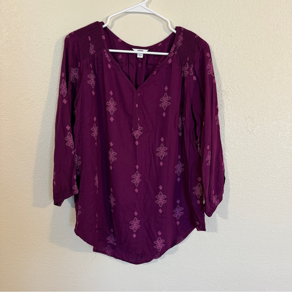 Sonoma Top Size M Plum Purple 3/4 Puff Sleeve Smocking Pullover Boho Blouse